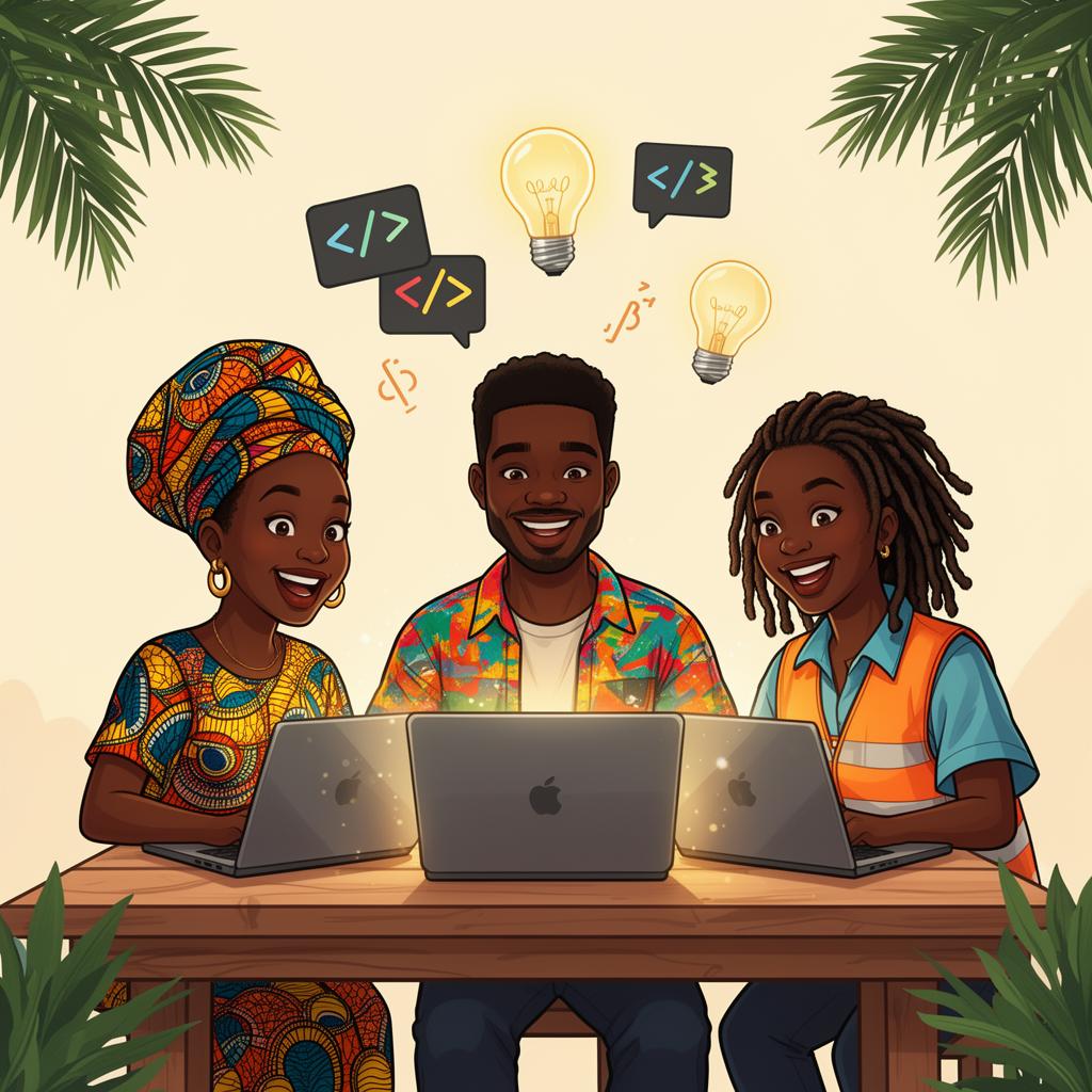 Three African builders collaborating on laptops with code symbols floating above