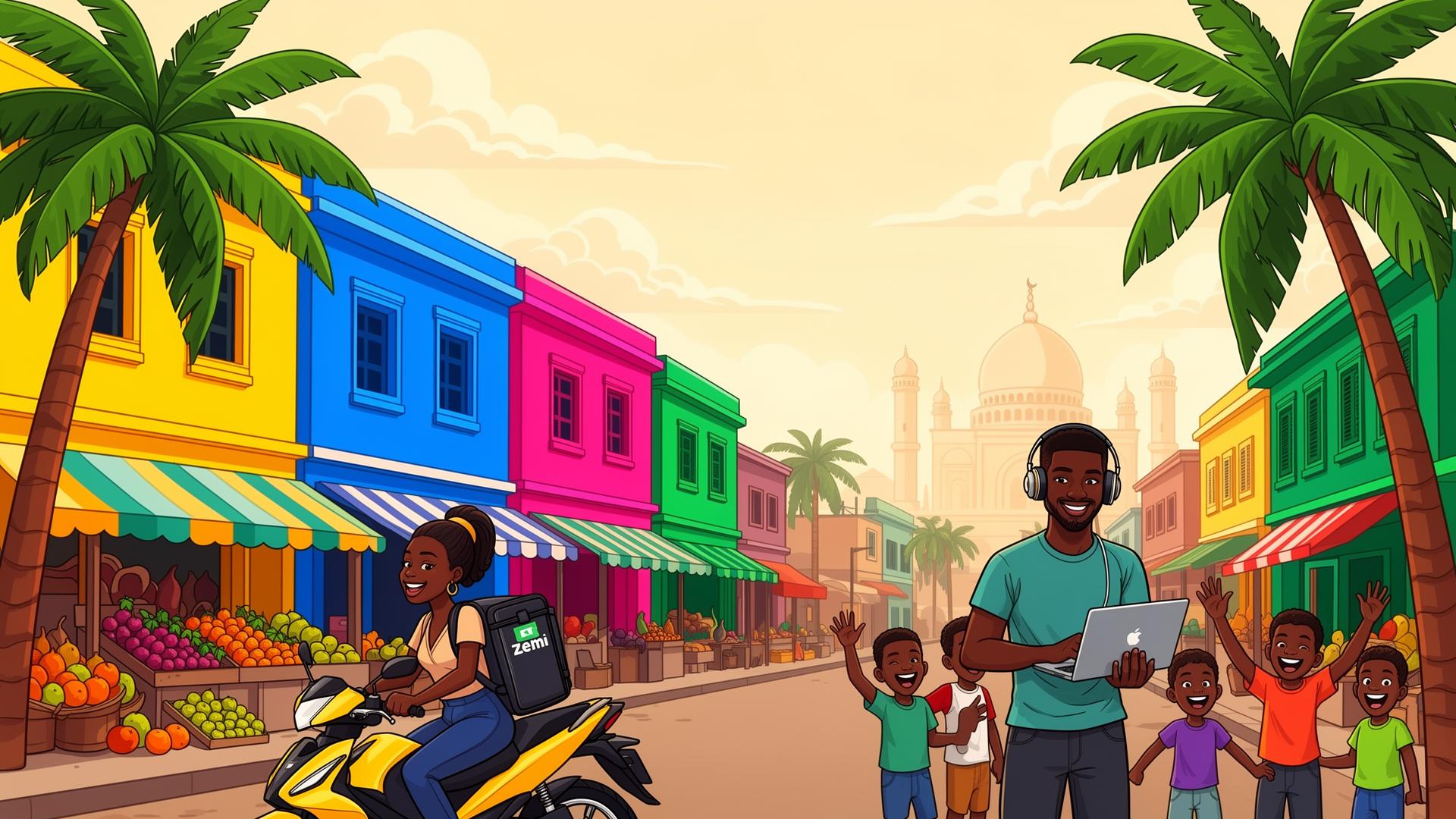 Colorful African street with young builders carrying laptops, motorbikes and palm trees
