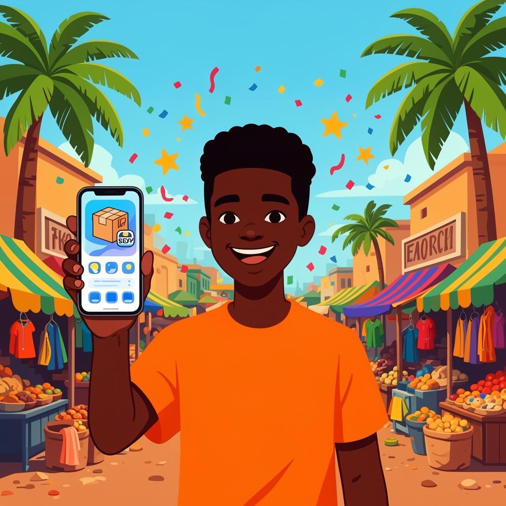 Young African builder celebrating shipping an app on his phone